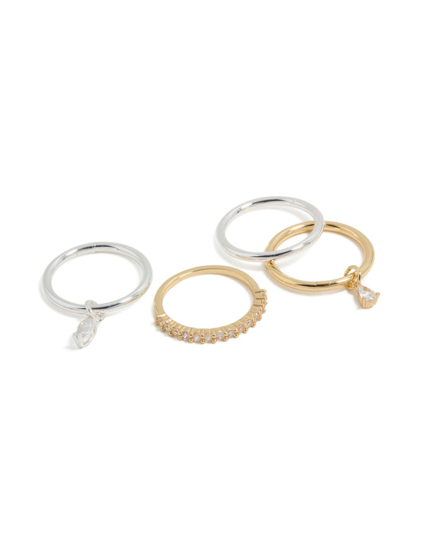 Showcasing a mixed metal plated organic cubic zirconia rings 4-pack with charm featuring gold and silver tones front view