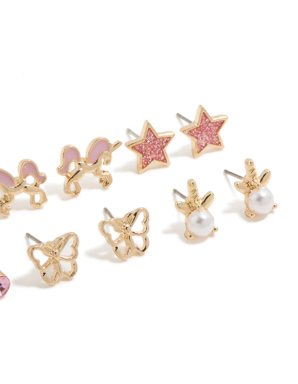 Charming kids gold pearl and unicorn stud earrings 6-pack with bow, butterfly, celestial and star featuring glitter in pink and white close up view
