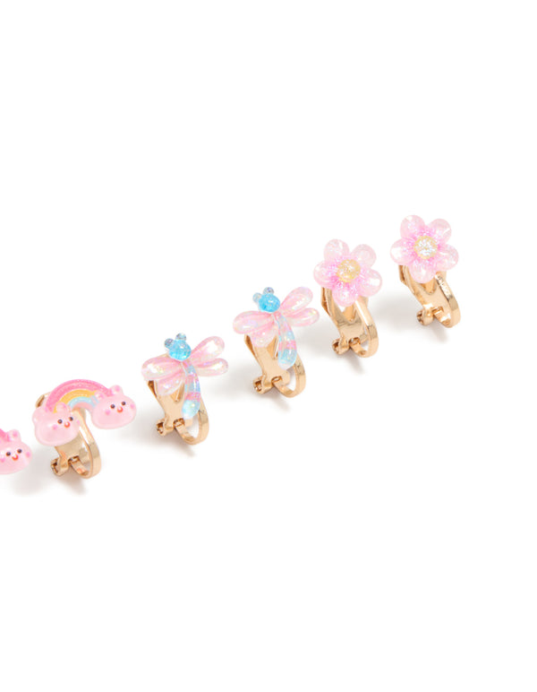 Highlighting kids gold garden clip on earrings 5-pack with celestial, butterfly, floral glitter designs featuring pink aqua yellow post detail view