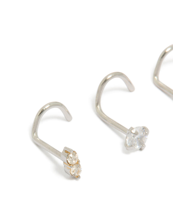 Showcasing surgical steel nose corkscrew studs 3-pack with cubic zirconia crystals in silver and gold tones featuring stud closure detail view