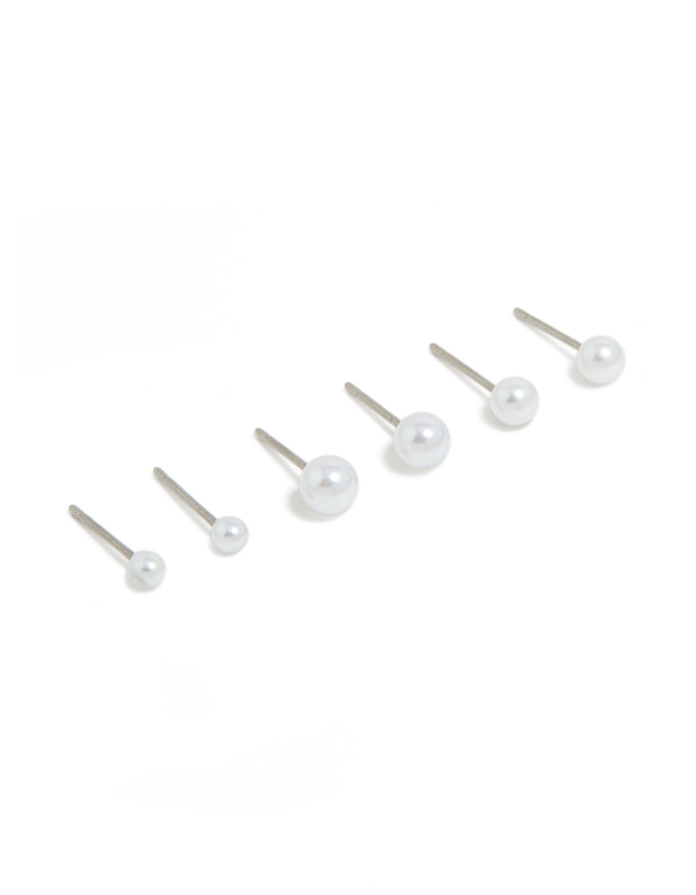 Featuring surgical steel graduating pearl stud earrings in white and silver with 3-pack front view