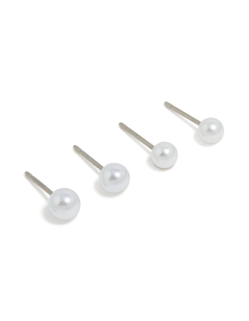 Designed with surgical steel graduating pearl stud earrings in white and silver 3-pack post detail view