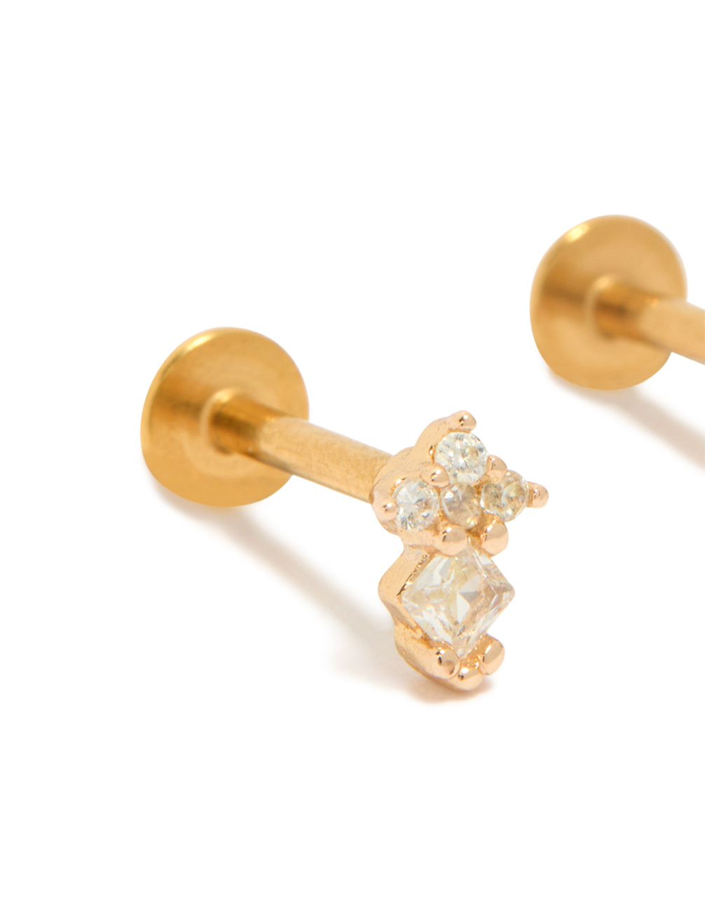Crafted from surgical steel with cubic zirconia stones and flat back closure in gold plated mini stud earrings post detail view