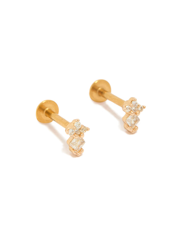 Kids mini diamond flat back studs crafted from surgical steel with cubic zirconia in gold plated finish front view
