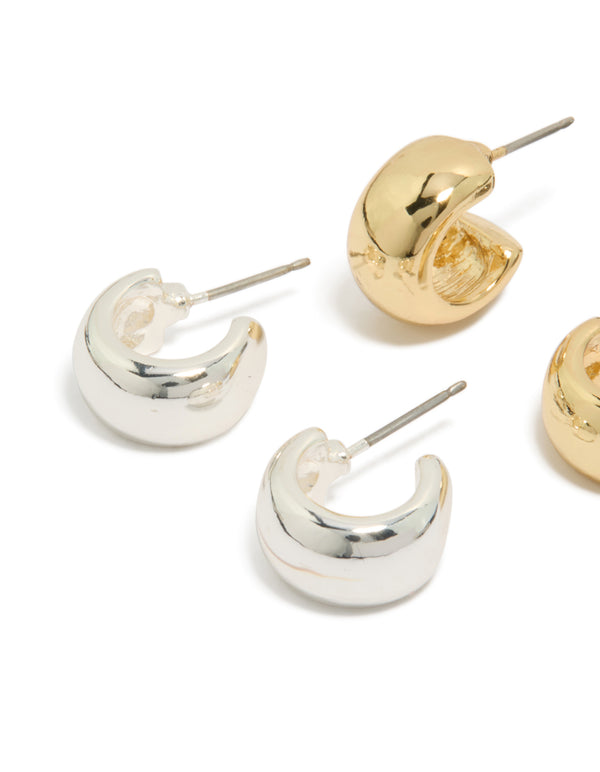 Elegantly designed small round open hoop earrings in a 3-pack with mixed metal plated finish featuring gold and silver tones close up view