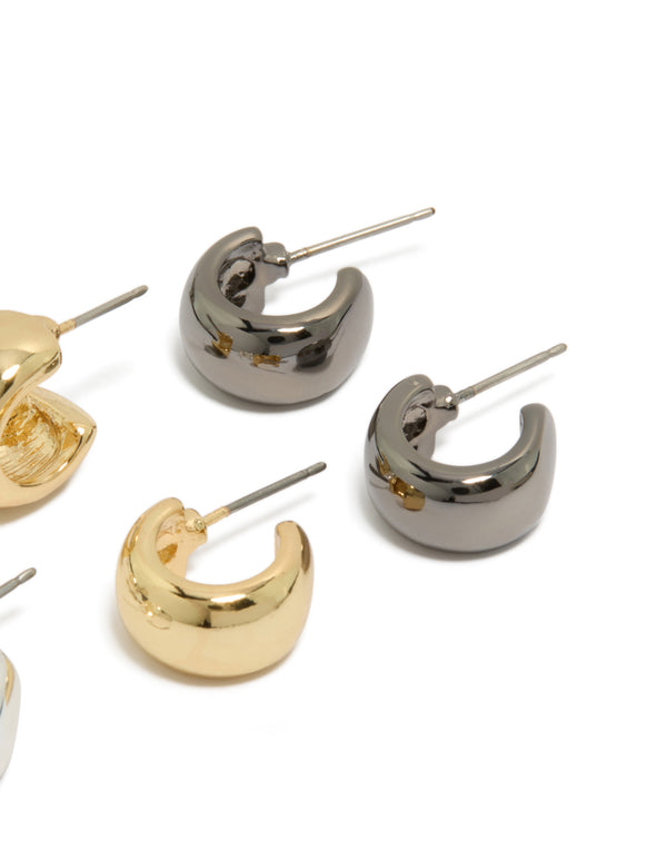 Presenting small round open hoop earrings in a 3-pack with mixed metal plated finish featuring gold and silver tones post detail view