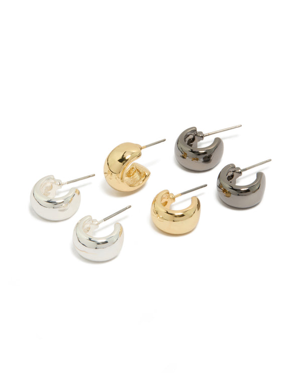 Showcasing small round open hoop earrings in a 3-pack with mixed metal plated finish featuring gold and silver tones front view