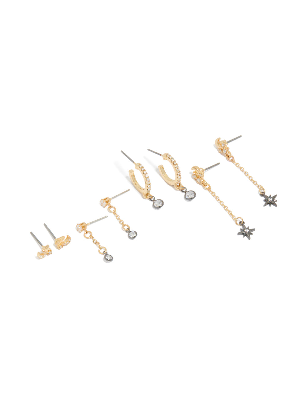 Discover mixed metal plated cubic zirconia cluster chain and stud earrings in a 4-pack featuring celestial star with gold and silver colors front view