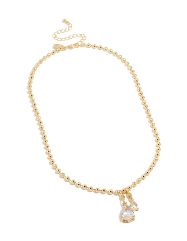 Presenting a gold plated double cubic zirconia teardrop pendant necklace with ball chain front view