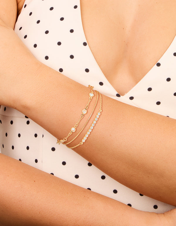 Gold Plated Cubic Zirconia Bezel Stone Bracelets 3-Pack