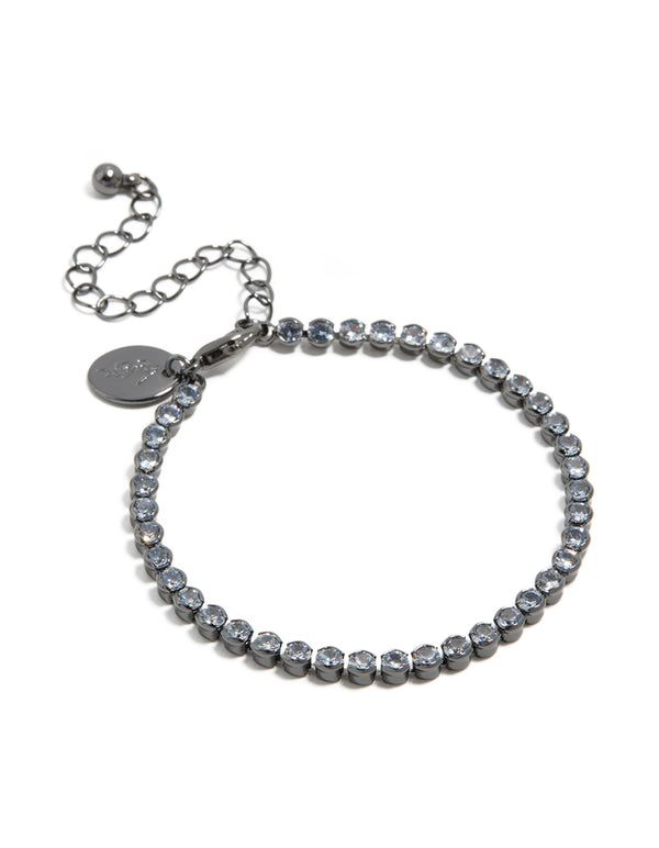 This gunmetal silver plated cubic zirconia circle tennis bracelet front view