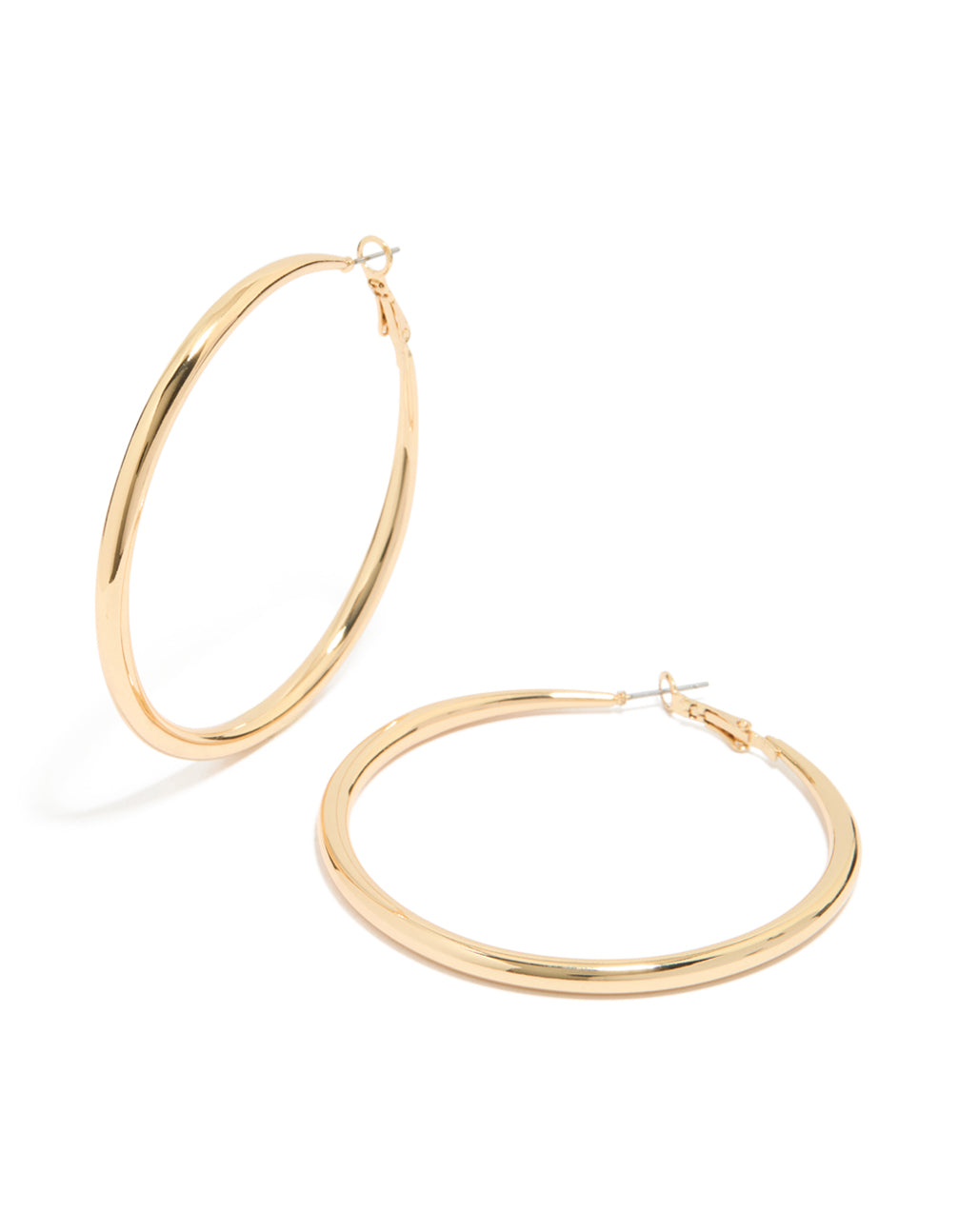 Showcasing gold plated large hoop earrings with closure in gold front view