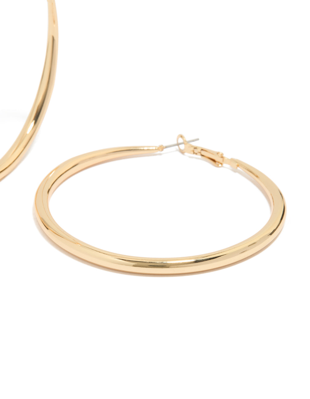 Gold plated large hoop earrings with closure in gold post detail view