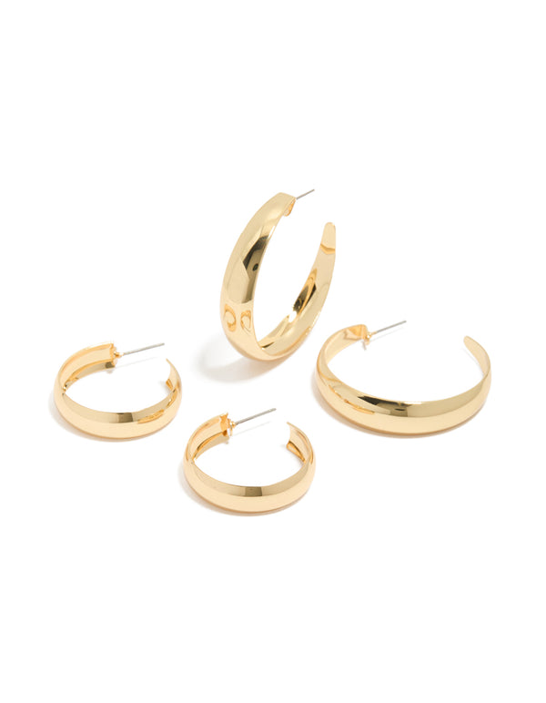 Featuring gold plated medium and large hoop earrings in a 2-pack front view