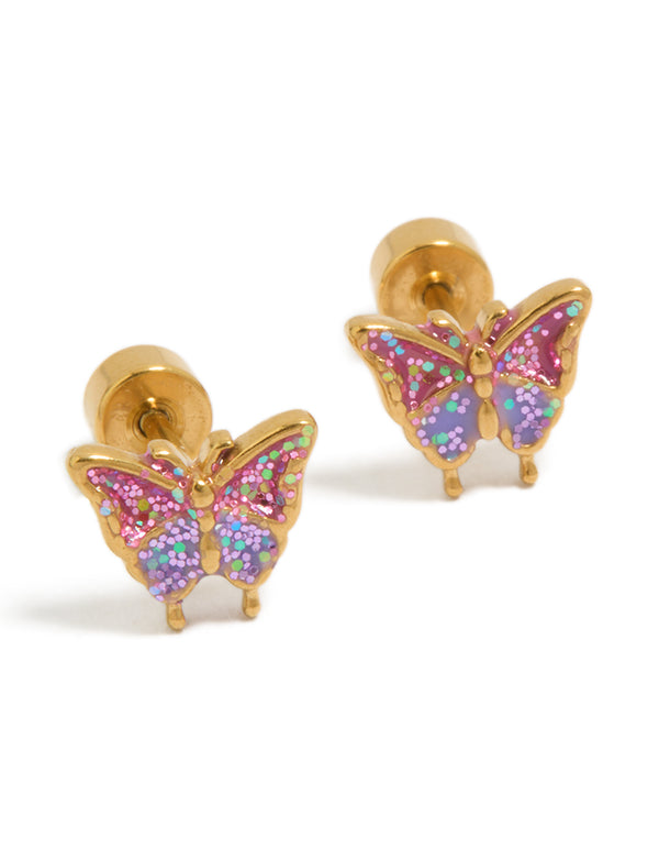 Beautifully crafted gold plated surgical steel flower flat back studs featuring butterfly and glitter accents front view