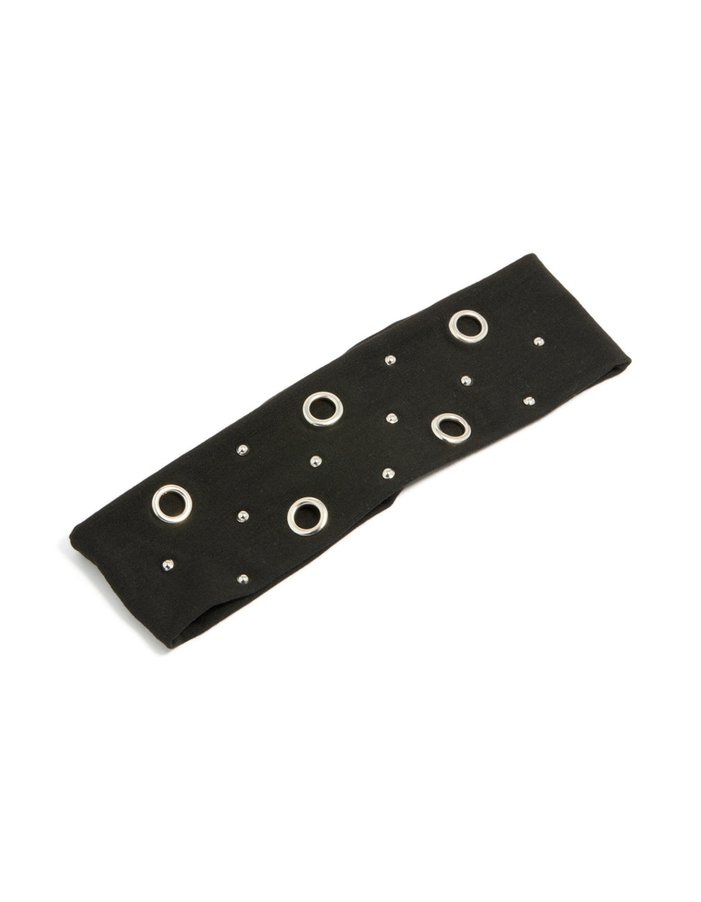 Showcasing a black eyelet wide stretch fabric headband in solid print with silver accents front view