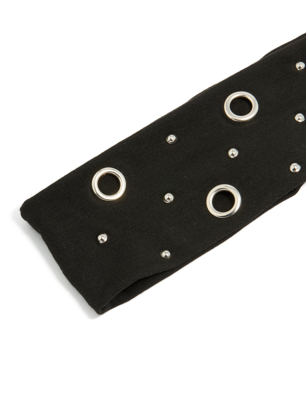 Featuring a black eyelet wide stretch fabric headband in solid print with silver accents detail view