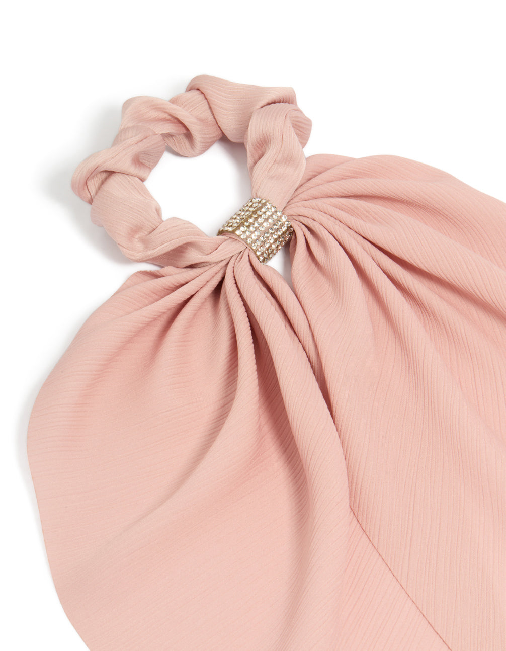 Crafted from light pink fabric, this diamante long scarf scrunchie features solid print with silver accents side view
