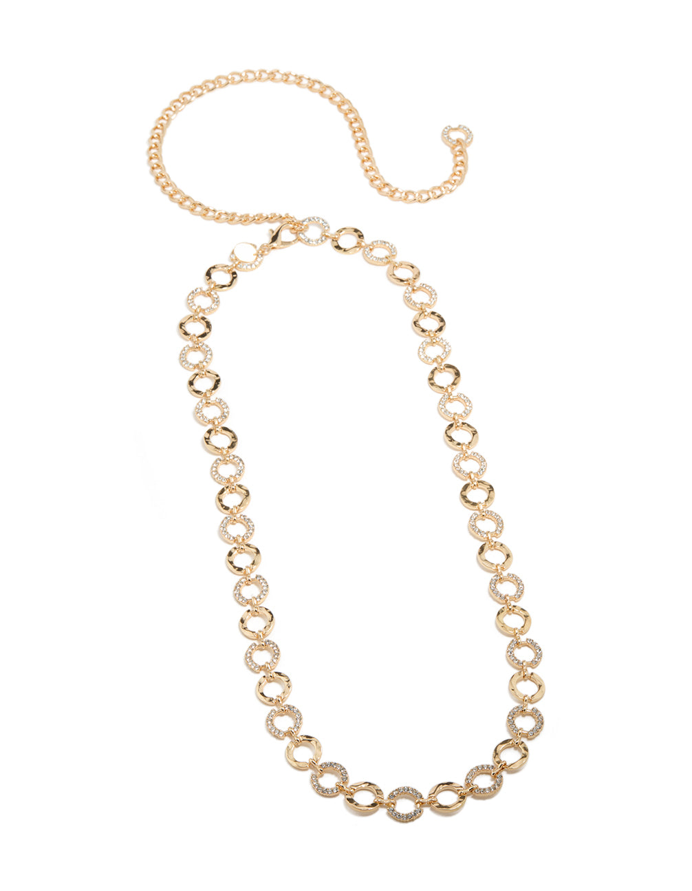 Discover a gold mini diamante and molten circle belt featuring embellished waisted statement styling front view