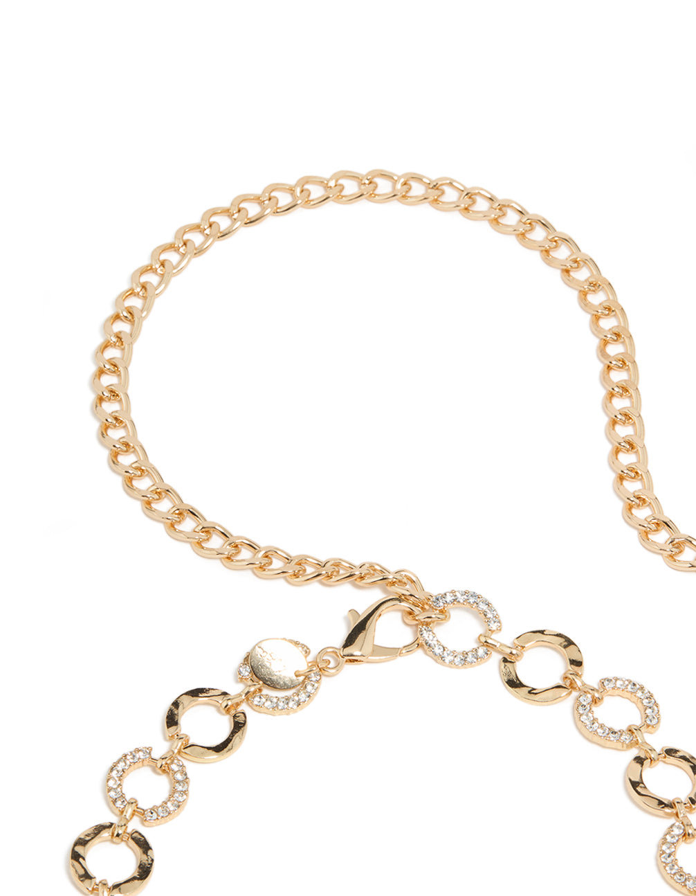 Crafted with embellished waisted design, this gold mini diamante and molten circle statement belt side view