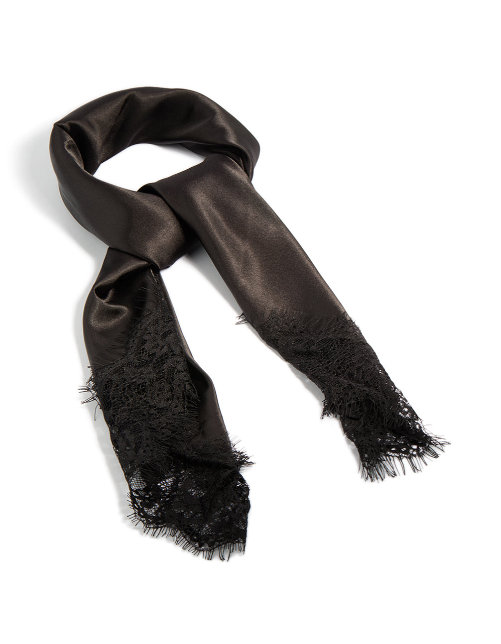 Beautifully crafted fabric lace edged long scarf in black front view