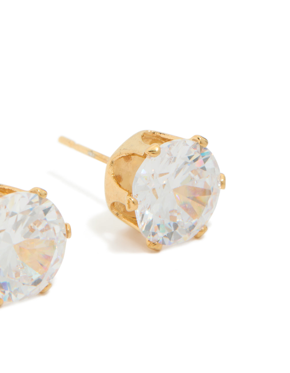 Designed with round cut cubic zirconia in waterproof gold plated stainless steel statement stud earrings post detail view