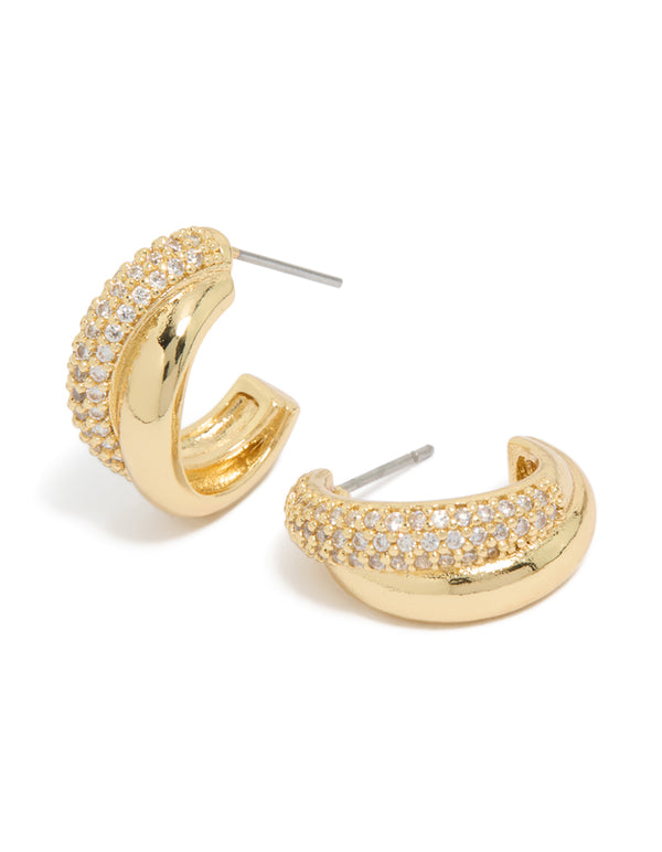 Explore these gold plated cubic zirconia pavé and plain layered hoop earrings with crystal details front view