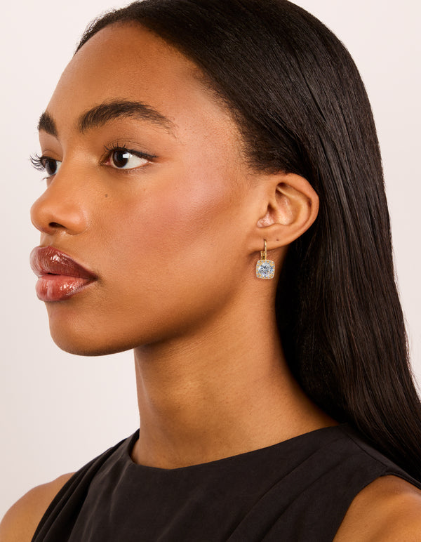 Gold Plated Cubic Zirconia Large Square Hook Drop Earrings