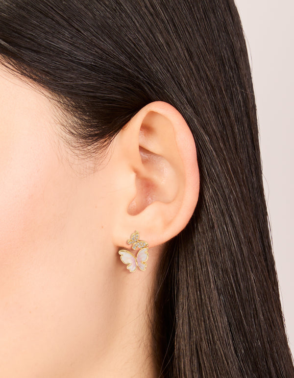 Gold Plated Small Pink Enamel & Cubic Zirconia Butterfly Earrings