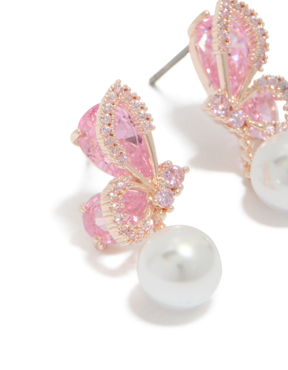 Stunning rose gold plated cubic zirconia butterfly pearl drop earrings close up view