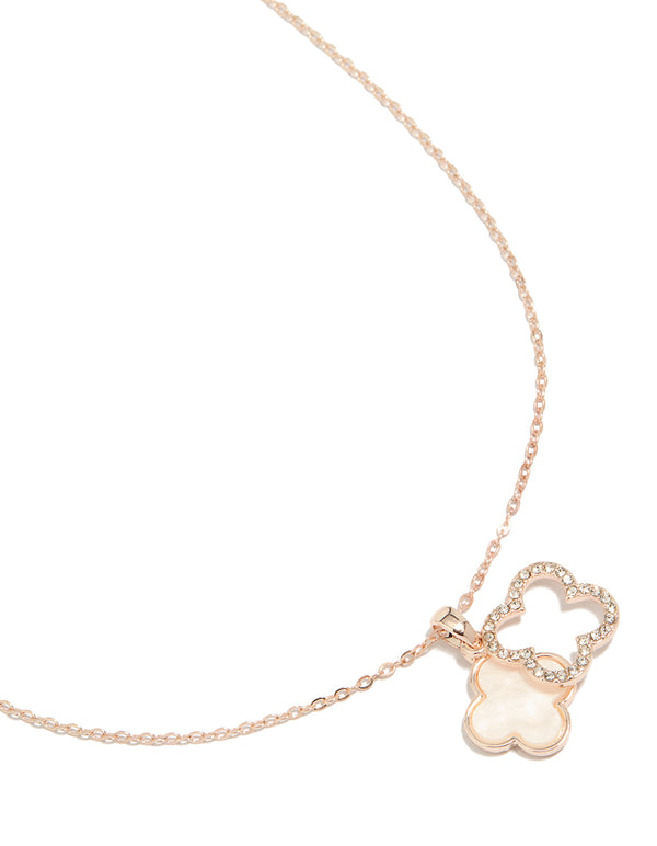 Elegant rose gold plated diamante and pink outline flower pendant necklace featuring floral with cubic zirconia close up view