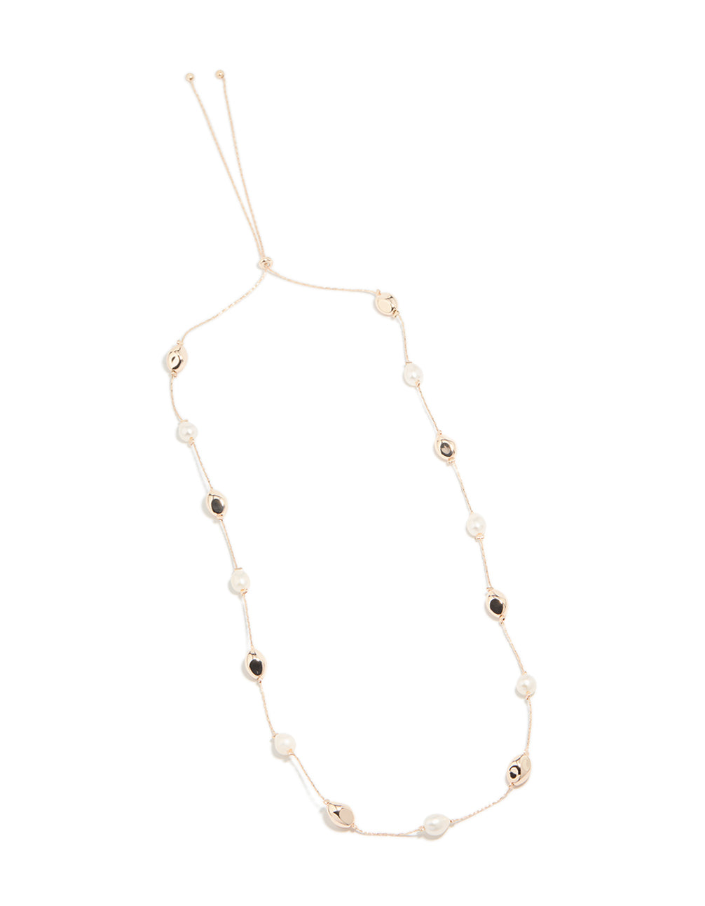 Showcasing a rose gold plated adjustable necklace with molten balls featuring beads and freshwater pearl front view