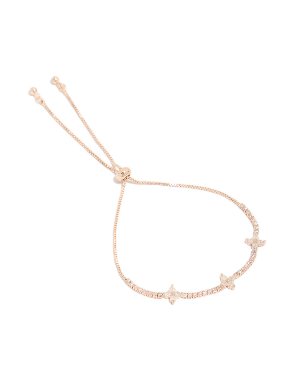 Showcasing a rose gold plated cubic zirconia flowers toggle bracelet front view