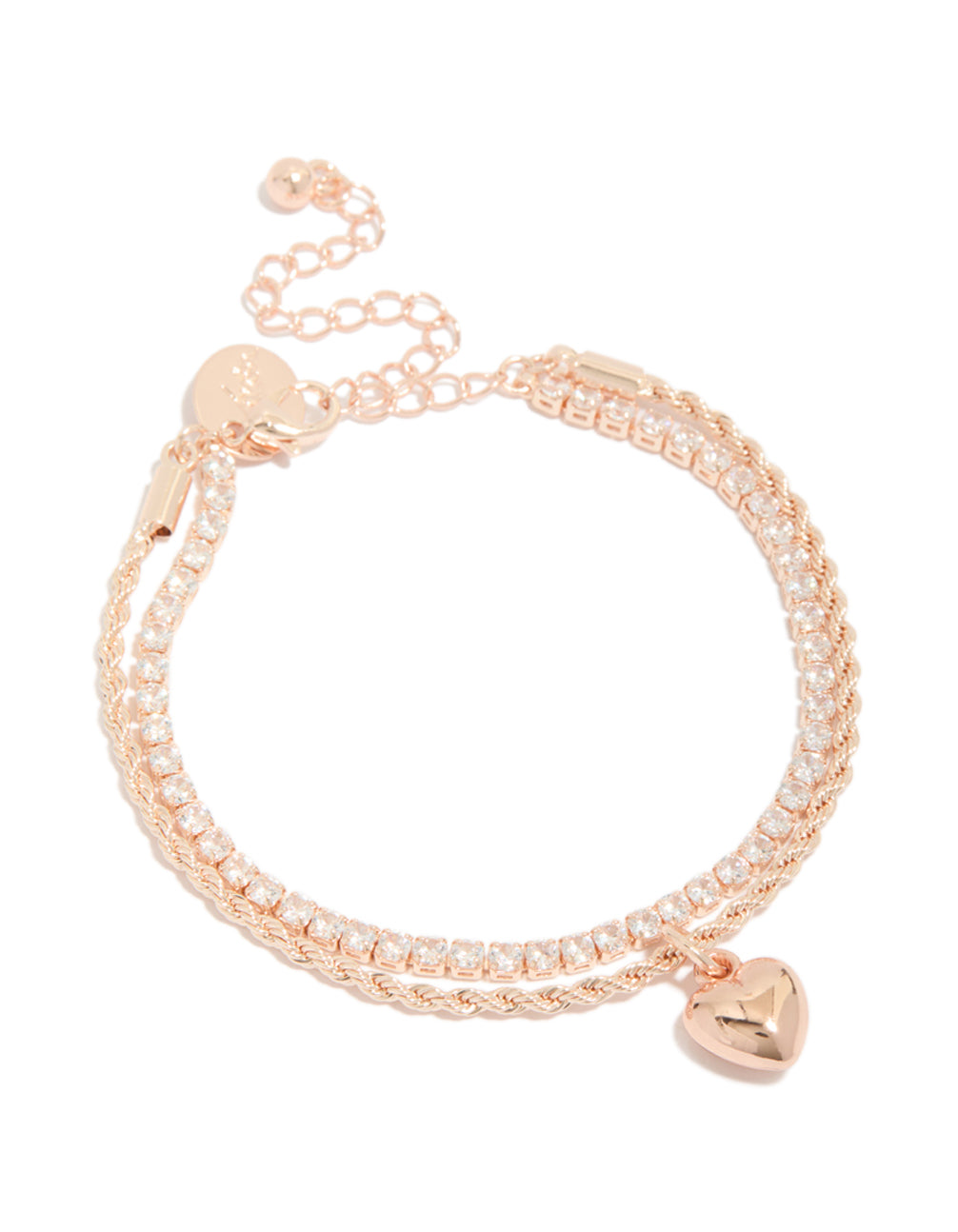 Featuring a rose gold plated cubic zirconia tennis and heart layered bracelet front view