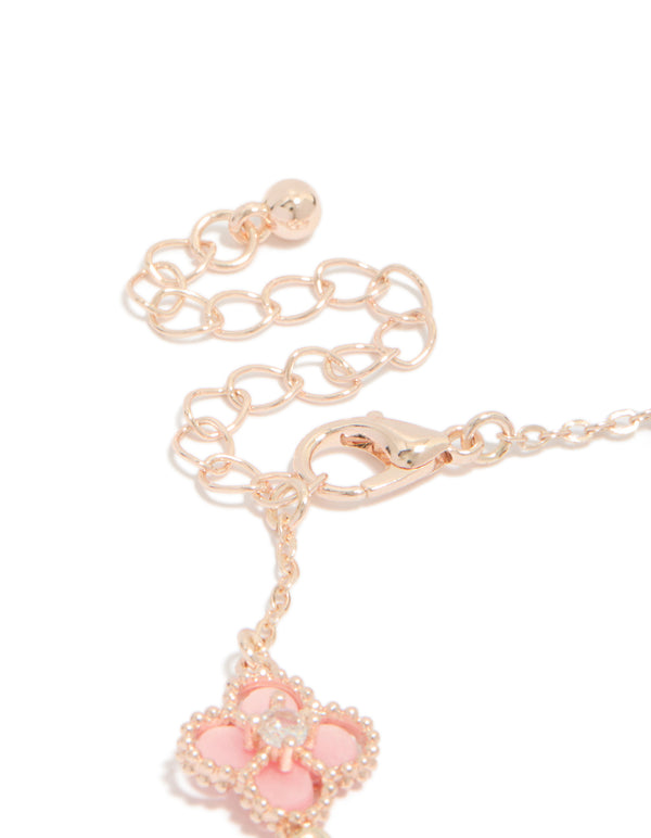 Rose Gold Plated Diamante Cente Pink Flower Charms Bracelet