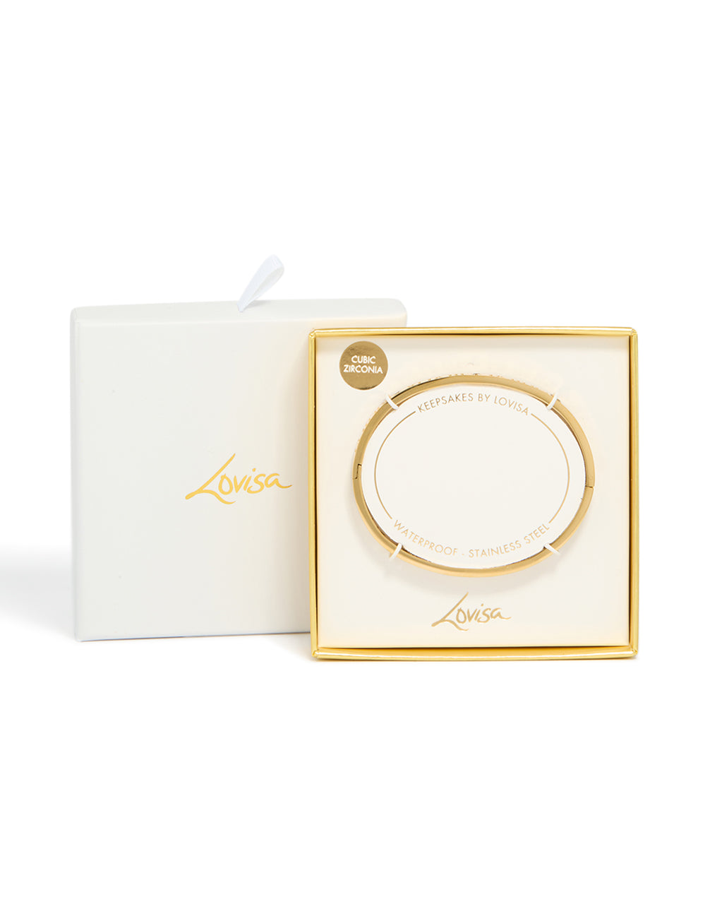 Featuring a waterproof gold plated stainless steel bangle with roman numeral engravings and cubic zirconia accents front view