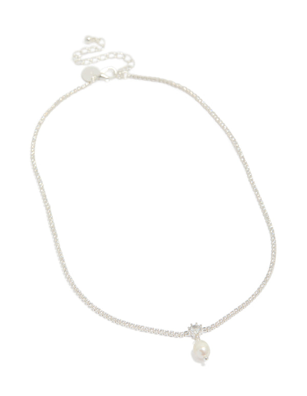 Stunning silver plated cubic zirconia and freshwater pearl tennis necklace with front view