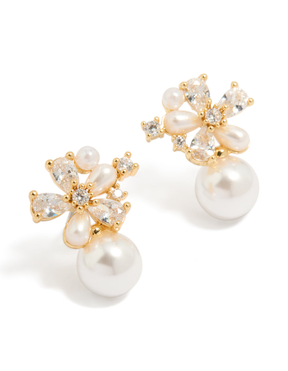 Showcasing floral hoop earrings crafted from gold plated material with cubic zirconia and pearl accents in gold and ivory tones front view