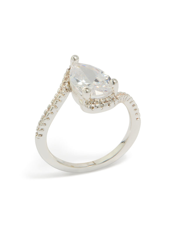 Beautiful silver plated pear cubic zirconia engagement ring featuring statement crystal accents front view