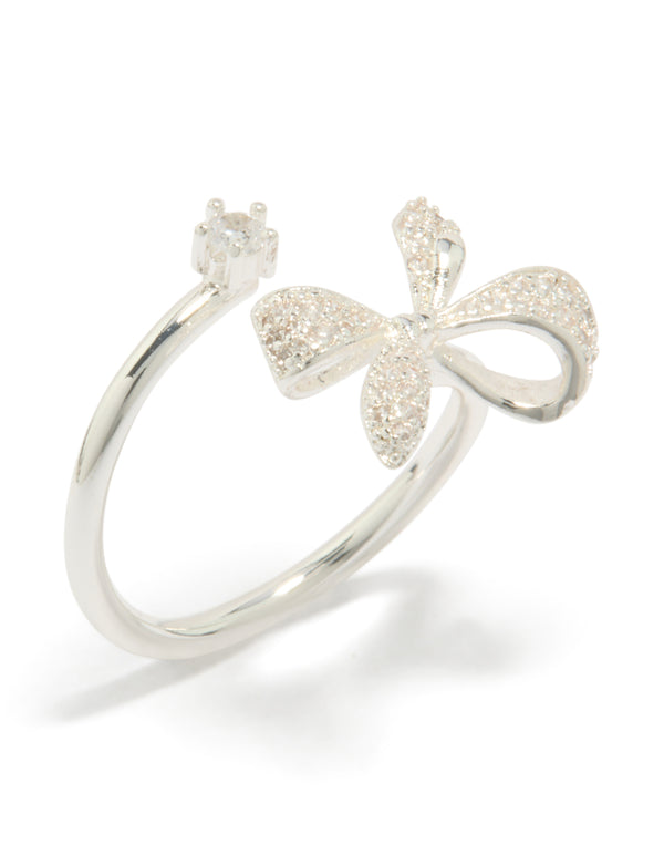 Featuring a silver plated cubic zirconia dainty wrap bow ring side detail view