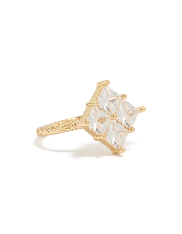 Featuring a gold plated textured square ring with cubic zirconia in a statement style side detail view
