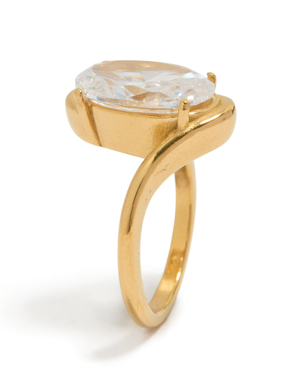 Featuring a waterproof statement ring crafted from stainless steel with oval cut crystal and cubic zirconia in gold plated finish side detail view