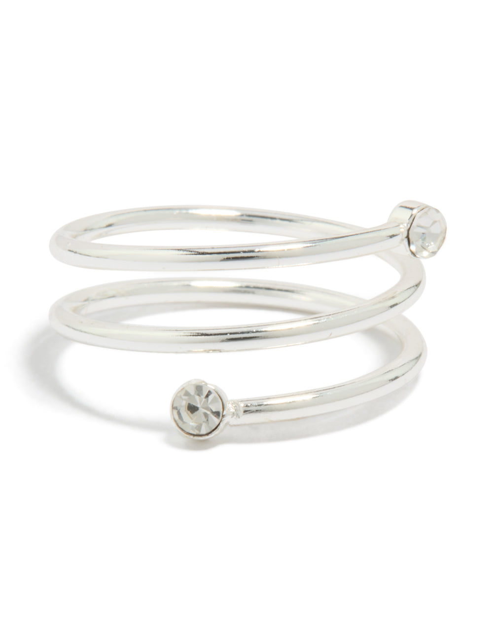 Showcasing a waterproof stainless steel diamante coil ring with clear accents in silver front view
