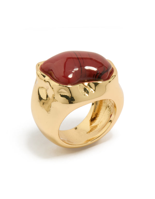 Showcasing a gold plated chunky ring with molten burgundy stone in maroon side detail view