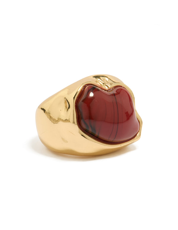 Crafted from gold plated material, this chunky ring features a molten burgundy stone in maroon front view