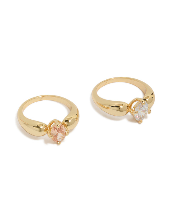 Crafted from gold plated material with cubic zirconia, this clear and orange puffy dainty rings 2-pack offers front view