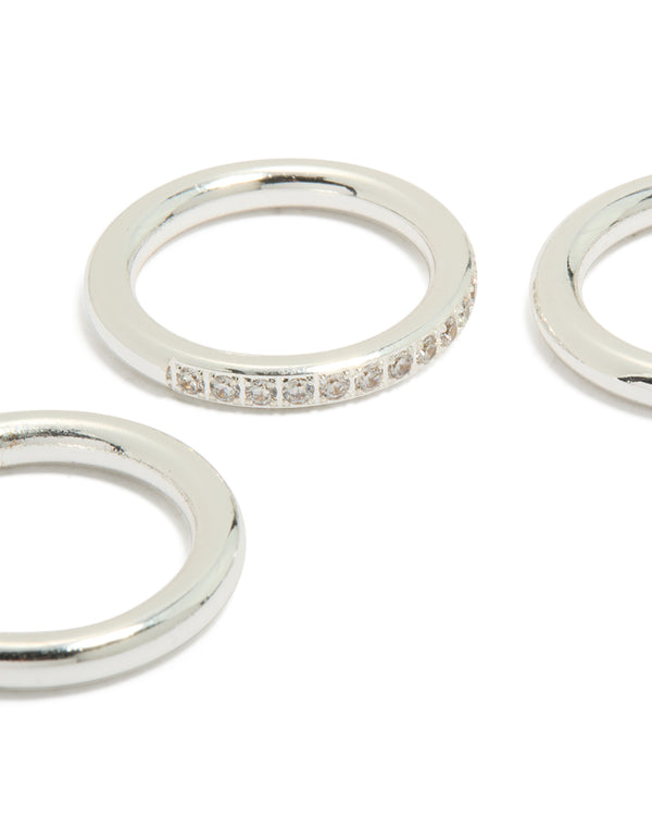 Designed with waterproof stainless steel band stacking rings in a statement silver 3-pack close up view