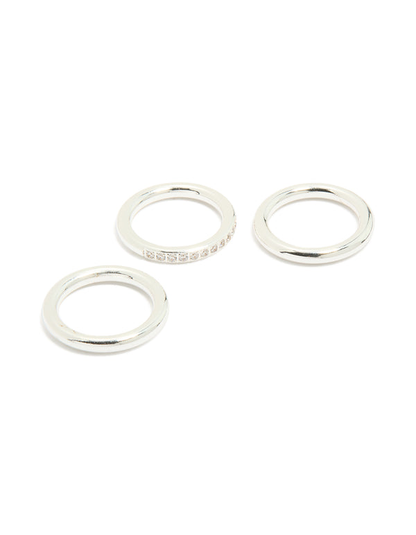 Showcasing waterproof stainless steel band stacking rings in a statement silver 3-pack front view