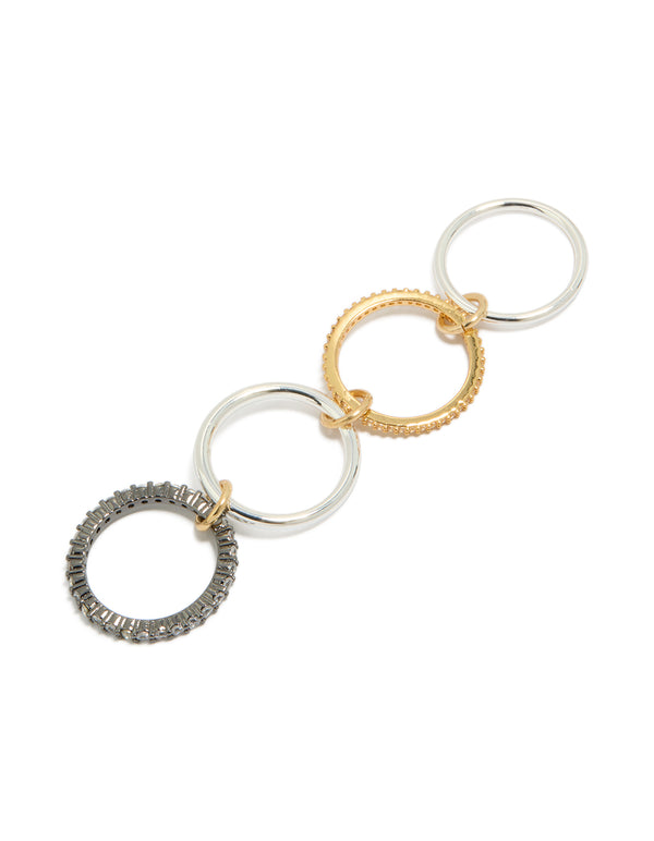 Highlighting mixed metal plated cubic zirconia interlinked stacked ring with charm details in gold and silver featuring crystal embellishments side detail view
