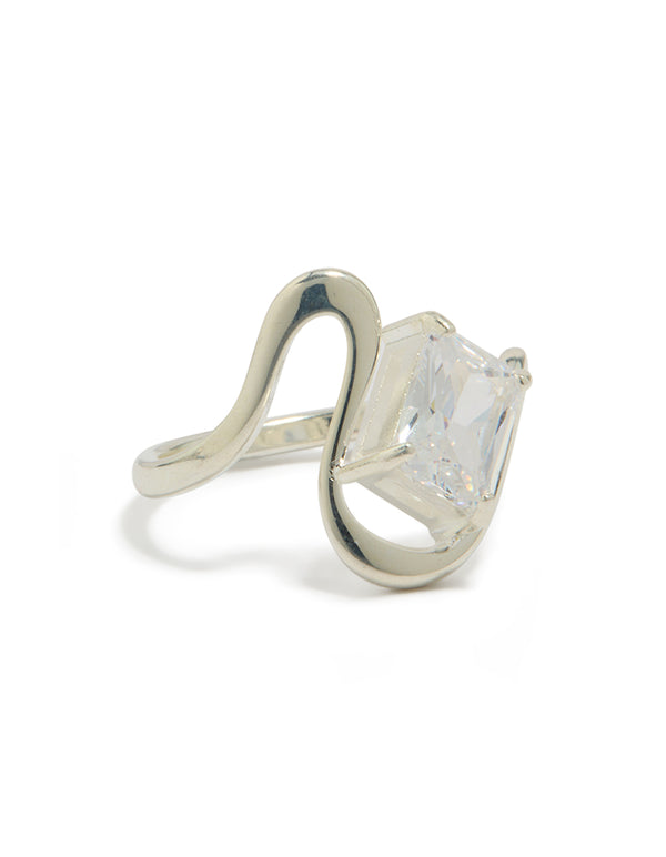 Showcasing a waterproof stainless steel wavy cubic zirconia statement ring in silver and clear side detail view